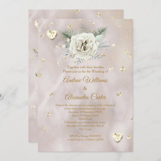 Convite Casamento Beige Dourado Corações Brancos Rosa Bril (Frente/Verso)