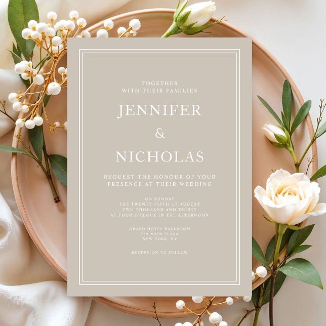 Convite Casamento Beige Taupe Formal Elegante Moderno (Modern Elegant Formal Taupe Beige Wedding Invitation)
