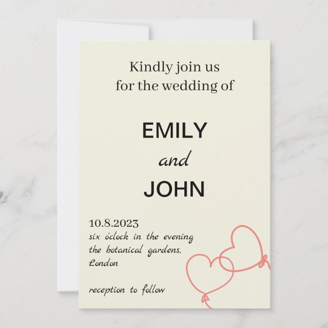 Convite Casamento Beige Two Red Hearts (Frente)