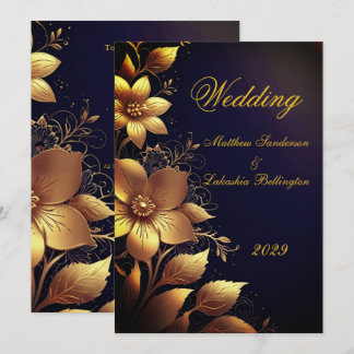 Convite Casamento Belas Flores Douradas Modernas