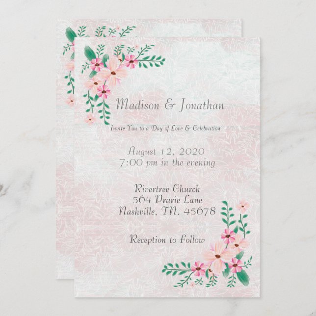 Convite Casamento Belo Cor Floral Rosa (Frente/Verso)