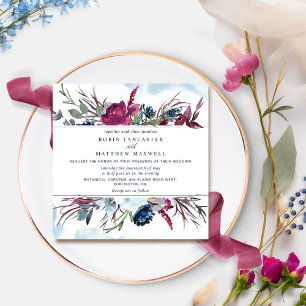 Convite Casamento Berry Burgundy e Blue Floral Square Inv