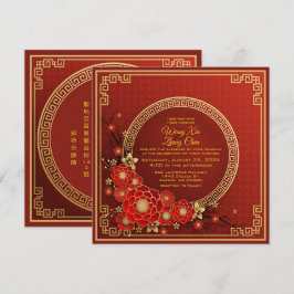 Convite Casamento Bilíngue Chinês Dourado e Vermelho