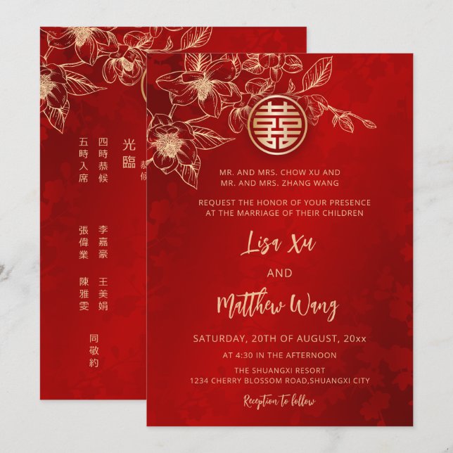 Convite Casamento Bilíngue Chinês Inglês Magnolia (Frente/Verso)