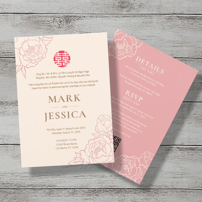 Convite Casamento Bilíngue De Peonia Vietnamita Hy (FRONT & BACK)