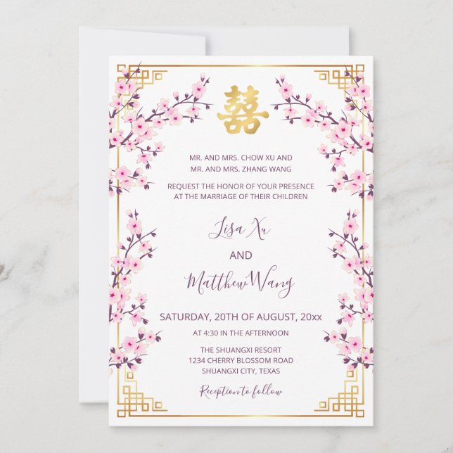 Convite Casamento Bilingue Dourado Rosa Chinês Americano (Frente)