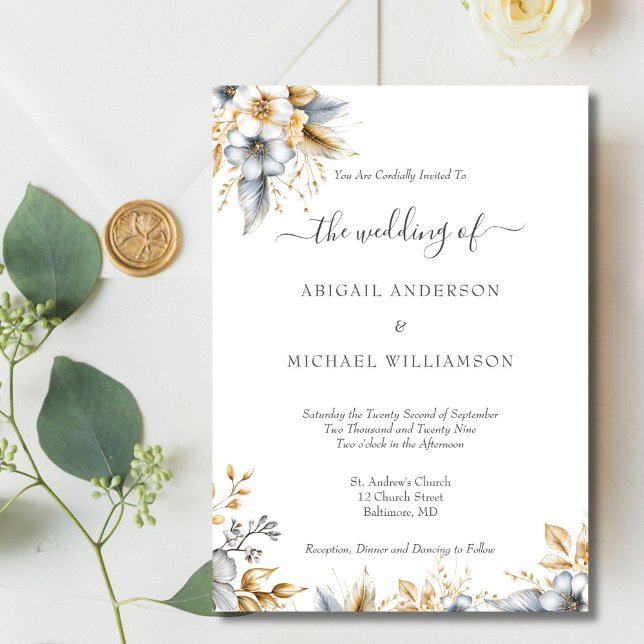 Convite Casamento Biológico Dourado Silver Floral Botânico (Gold Silver Floral Botanical Watercolor Elegant Traditional Wedding invitation. Printed or Digital )