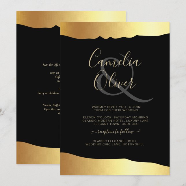 Convite Casamento Black Tie Dourado Folha de Ouro Script E (Frente/Verso)