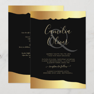 Convite Casamento Black Tie Dourado Folha de Ouro Script E