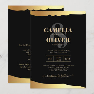 Convite Casamento Black Tie Dourado Folha de Script Evento