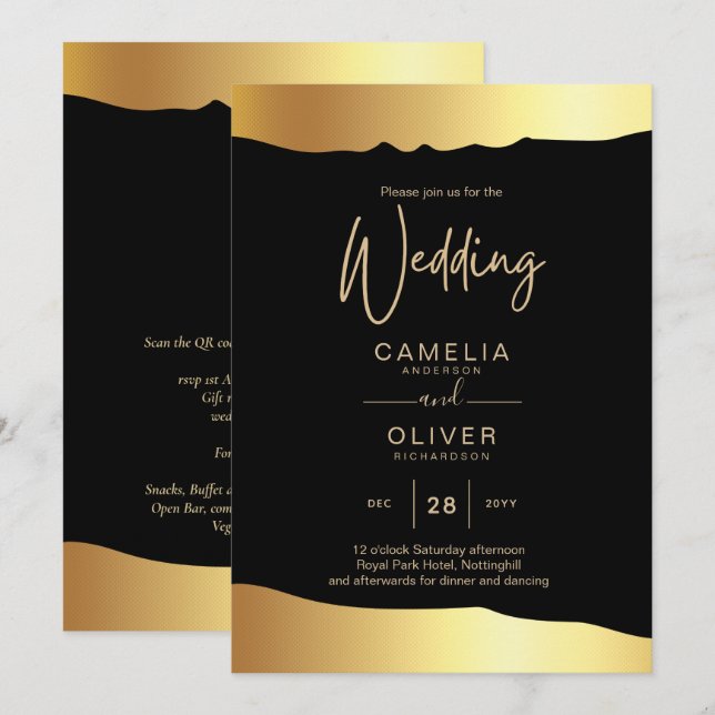 Convite Casamento Black Tie Rotulo Dourado Elegante Evento (Frente/Verso)