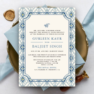 Convite Casamento Blue Cream Ivory Ikat Anand Karaj Sikh