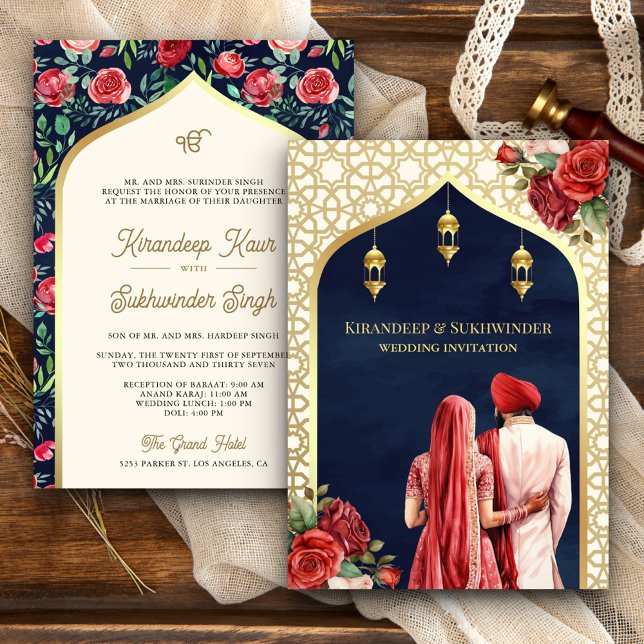 Convite Casamento Blue Dourado de Floral Anand Karaj Sikh (Criador carregado)