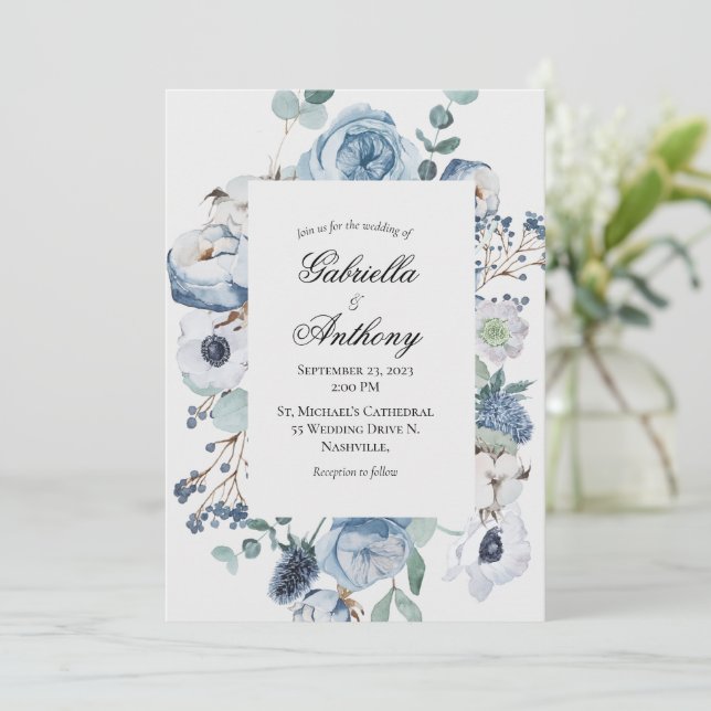 Convite Casamento Blue Floral Watercolor (Em pé/Frente)