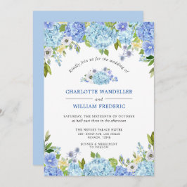 Convite Casamento Blue Hydrangeas Greenery Watercolor