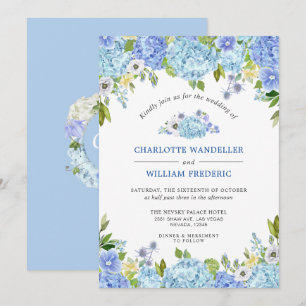 Convite Casamento Blue Hydrangeas Greenery Watercolor