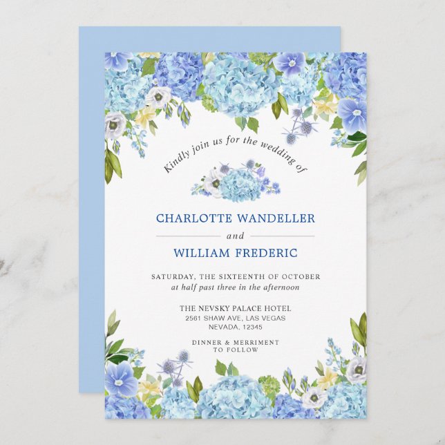 Convite Casamento Blue Hydrangeas Greenery Watercolor (Frente/Verso)