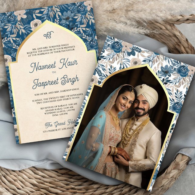 Convite Casamento Blue Ivory Floral Anand Karaj Sikh (Criador carregado)