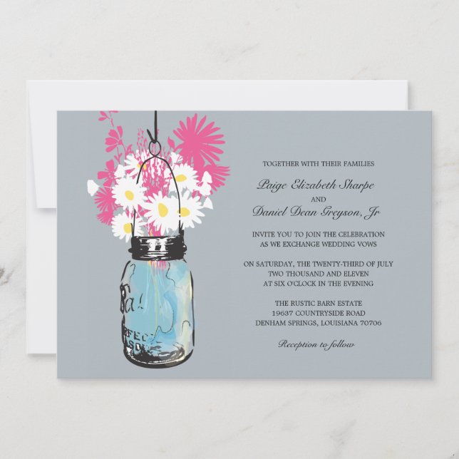 Convite Casamento Blue Mason Jar Daisies e Wildflower (Frente)