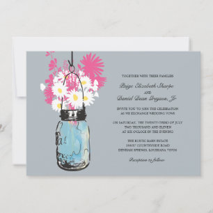 Convite Casamento Blue Mason Jar Daisies e Wildflower