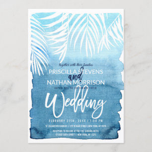 Convite Casamento Blue Palm Tree Fronds Blue Watercolor