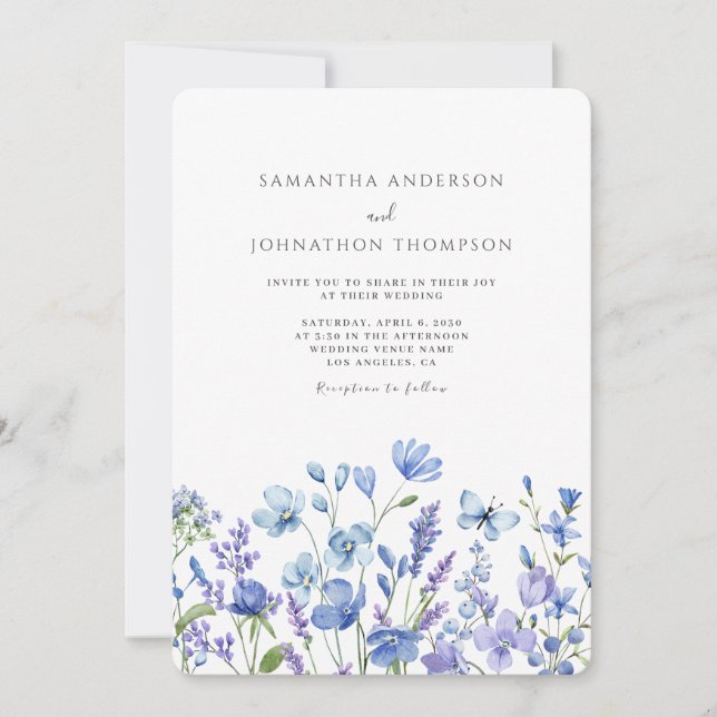 Convite Casamento Blue Wildflower Watercolor (Frente)