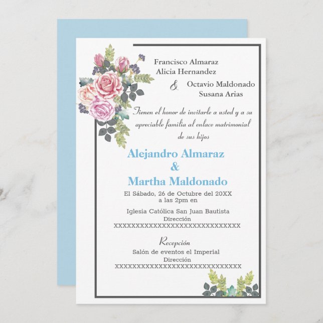 Convite Casamento Blush Blue Floral (Frente/Verso)