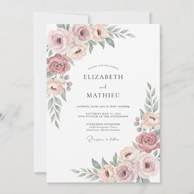Convite Casamento Blush Dusty Mauve Blossom (Frente)