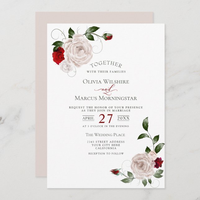 Convite Casamento | Blush Dusty Rosa e Cabernet Floral (Frente/Verso)