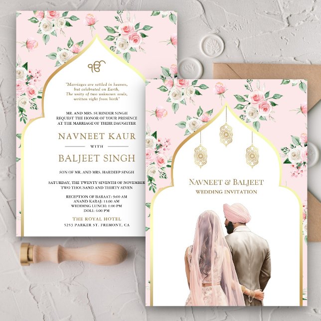 Convite Casamento Blush Pink Floral Anand Karaj Sikh (Criador carregado)