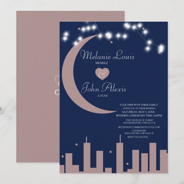 Convite Casamento Blush Rosa Marinho Céu Noturno (Frente/Verso)
