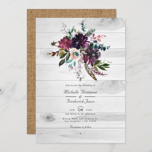 Convite Casamento Boêmia com Violet Plum Floral Rustic Cod (Frente/Verso)