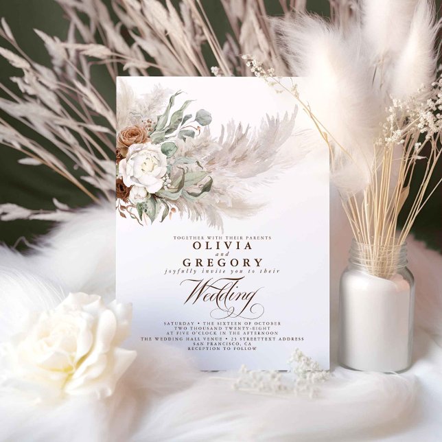 Convite Casamento Boêmia de Flores Terrenas e Pampas Grass (Boho Greenery Wedding Invitations)
