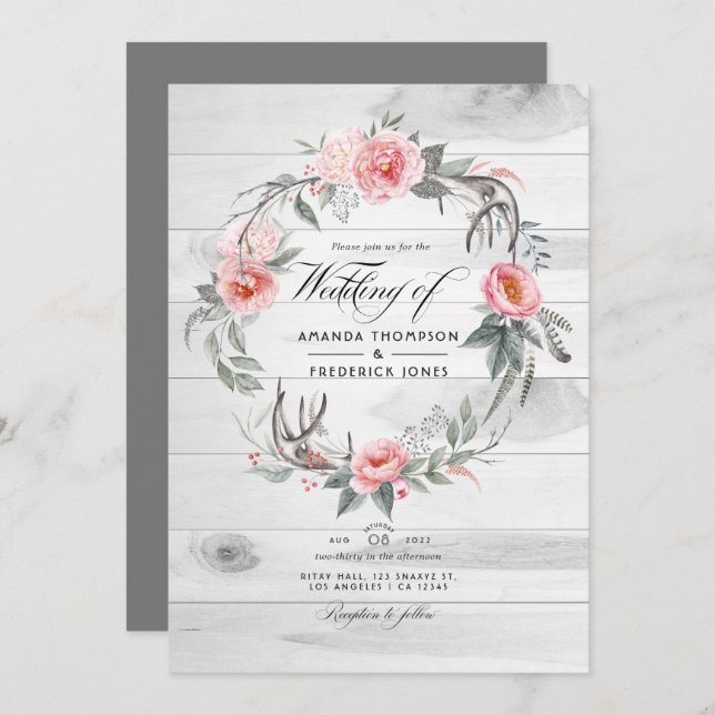 Convite Casamento Boêmico com Código QR Floral Rosa e Cinz (Frente/Verso)