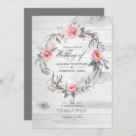 Convite Casamento Boêmico com Código QR Floral Rosa e Cinz