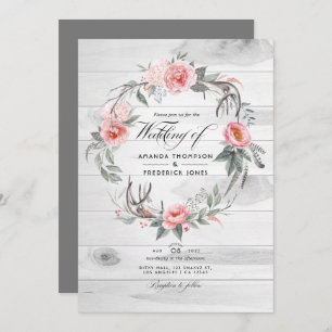 Convite Casamento Boêmico com Código QR Floral Rosa e Cinz