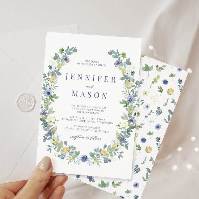 Convite Casamento boêmico com flor de cor amarela azul (Criador carregado)