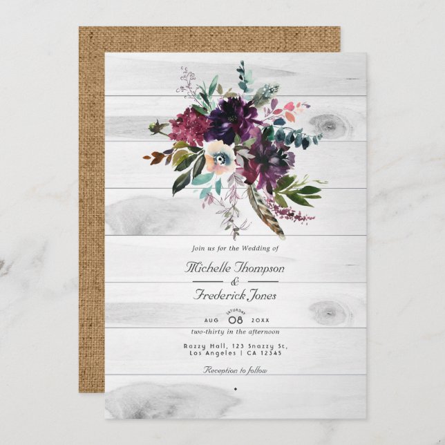 Convite Casamento Boêmico RSVP Ruspente Russo Floral Códig (Frente/Verso)