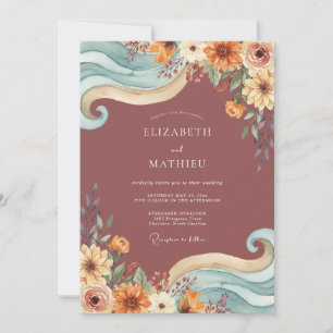 Convite Casamento Boêmio Artístico Terracota Teal