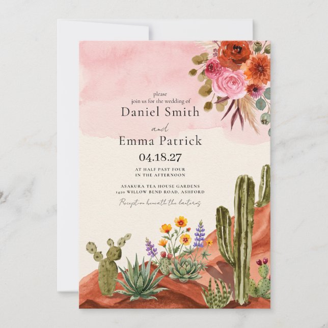 Convite Casamento Boêmio Cacto Mexicano Deserto Boho (Frente)