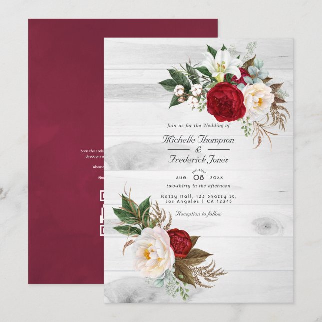 Convite Casamento Boêmio com Código QR de RSVP Floral em B (Frente/Verso)