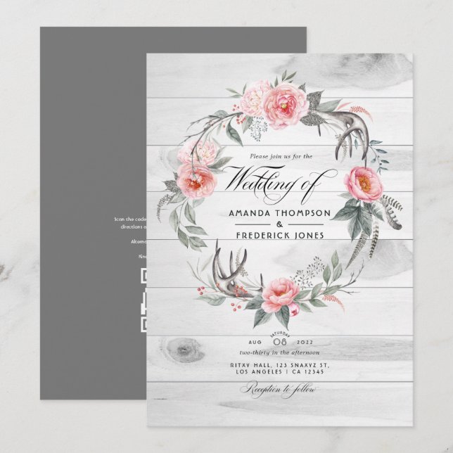 Convite Casamento Boêmio com Código QR para RSVP Floral Ro (Frente/Verso)