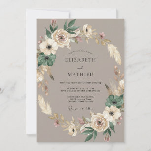 Convite Casamento Boêmio Floral Taupe