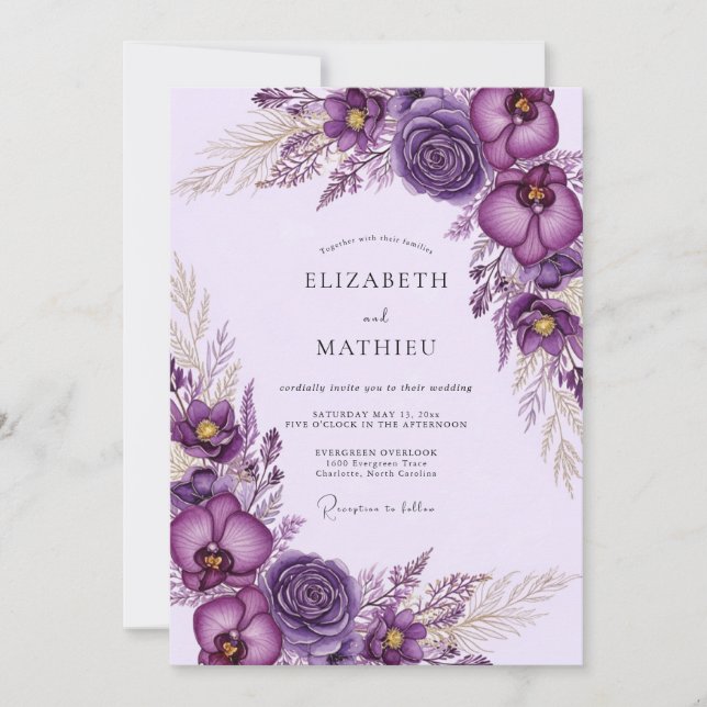 Convite Casamento Boêmio Luxuoso Roxo (Frente)
