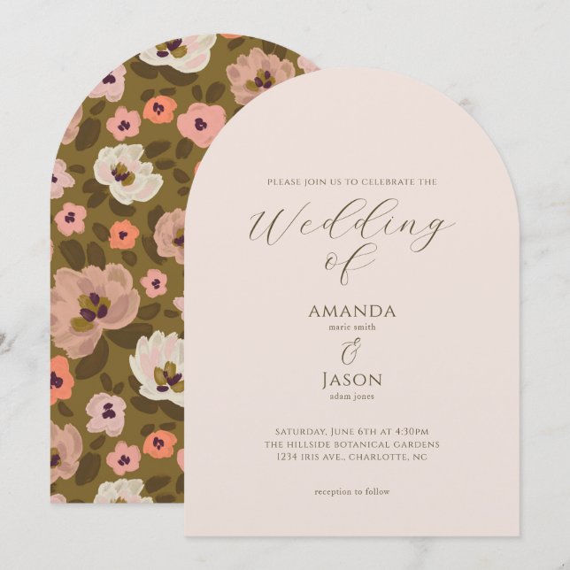 Convite Casamento boêmio romântico pintado com flores no j (Frente/Verso)