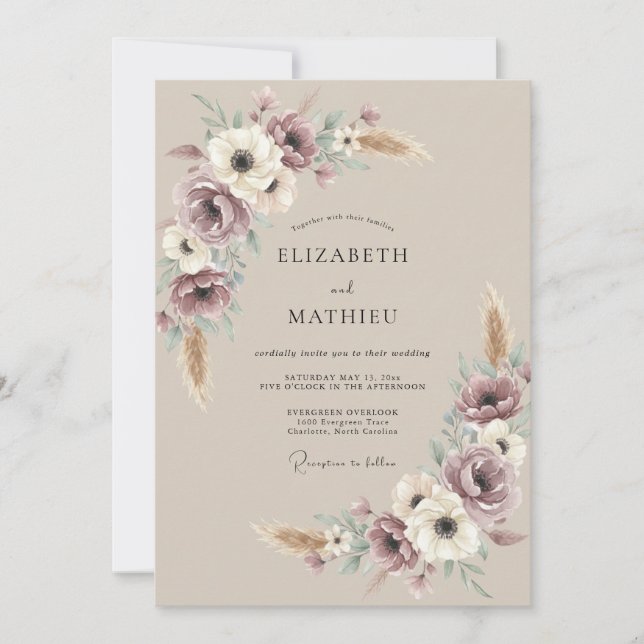 Convite Casamento Boêmio Terroso Malva (Frente)