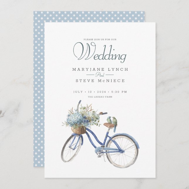 Convite Casamento Bohemian Blue Bicycle Watercolor (Frente/Verso)