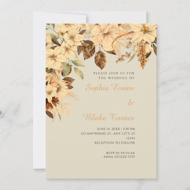 Convite Casamento Boho Amarelo Floral Outono Bambu (Frente)