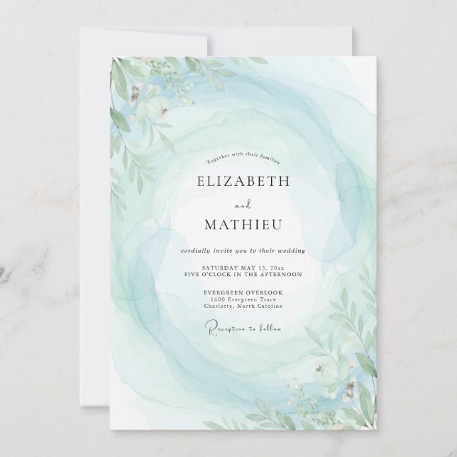 Convite Casamento Boho Aqua Folhagem de Hortelã (Frente)