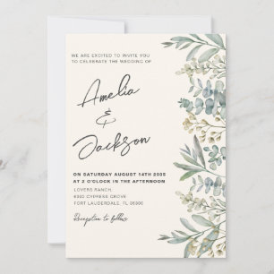 Convite Casamento Boho Aquarela Eucalipto Verde e Marfim